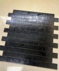 10 Sheet Peel And Stick Backsplash Subway Tile For Kitchen And Bathroom Metal Embossed Bright Black Aluminum Composite 3D Wall Tile No Grout Easy Install DIY Friendly, showing black embossed tiles on floor