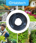Roll of drip irrigation tubing with built-in emitters, gardens, raised beds, and greenhouse showcasing proper watering system.