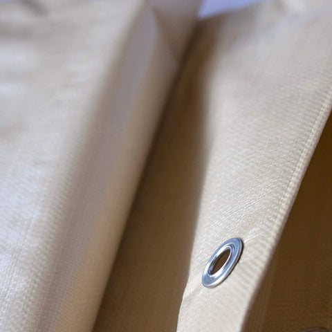 Close-up of Heavy Duty Waterproof Tarp 20 Ft By 30 Ft 12 Mil Thick Tan Tarp With Reinforced Corners and grommet detail
