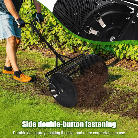 24 Inch Compost Spreader And 23 Gallon Lawn Roller 2 In 1 Combo Kit with shared mounting frame in use on lawn