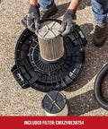 User installing a filter on the Professional 20 Gallon Wet Dry Shop Vacuum on a work surface.