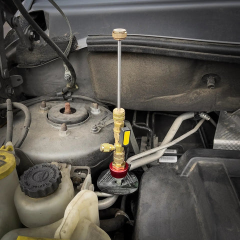 R134a HVAC Valve Core Removal And Installation Tool With Built In Ball Valve For No Gas Loss in car engine bay