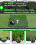 Tri Turf Golf Hitting Mat with Thick EVA Foam Base showcasing replaceable grass tiles and golf club setup for practice.