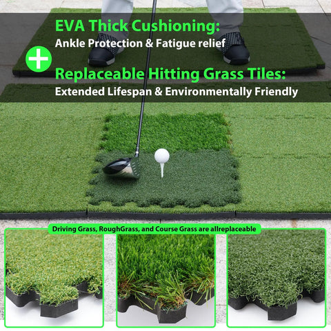 Tri Turf Golf Hitting Mat with Thick EVA Foam Base showcasing replaceable grass tiles and golf club setup for practice.