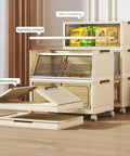 Extra Large Lockable Stackable Storage Bins With Lids On Wheels shown in folding and open positions in a home setting.