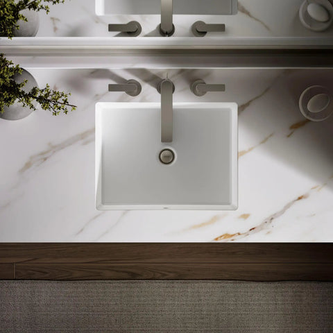 Top Shelf Rectangular Undermount Bathroom Sink In Crisp White Vitreous China With Sleek Geometric Lines And Zero Hassle Wall Counter Installation For That Fresh Modern Look