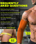 FAQ about UV Shield Arm Sleeves For Men And Women, 10 Pair Cooling Compression, showing orange sleeve and measurement details.