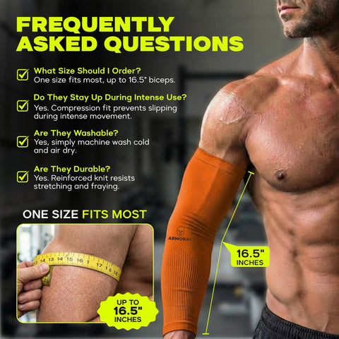 FAQ about UV Shield Arm Sleeves For Men And Women, 10 Pair Cooling Compression, showing orange sleeve and measurement details.