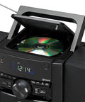 10 Watt Portable Bluetooth Home Stereo System with CD player spinning disc open lid model CD 785