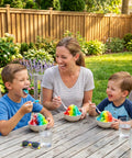 Family enjoying colorful shaved ice treats at a garden table with Vintage Cart Shaved Ice Machine Slushie Maker.