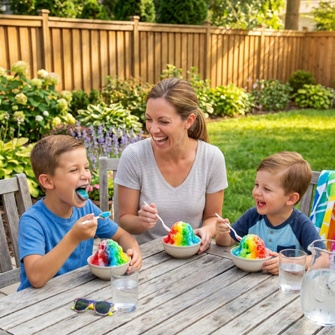 Family enjoying colorful shaved ice treats at a garden table with Vintage Cart Shaved Ice Machine Slushie Maker.