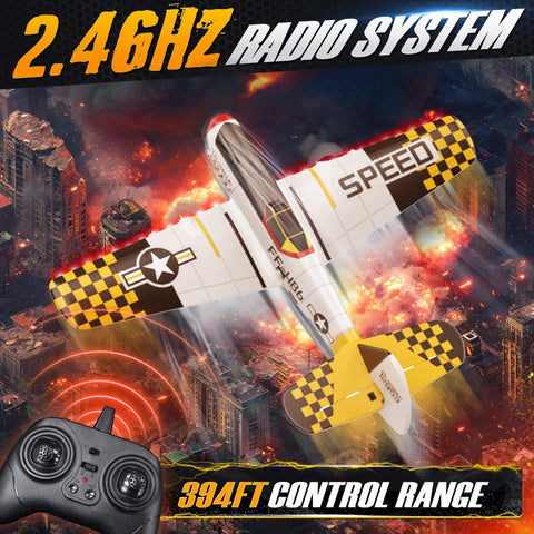 Starter-Friendly RC Plane For Kids And Grownups With 6-Axis Gyro flying over cityscape with LED navigation lights