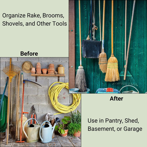 Before and after of Ten Pack Wall Mount Organizing Spring Clamps For Tools, Rakes And Brooms With Handy Multi Tool Holder