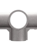 Brushed Aluminum Center Cross Brace Fitting Links 1-5/8 Vertical Pipes To Three 1-1/4 Horizontal Rails, front view, matte gray finish, sturdy design.