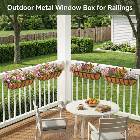 24 Inch Railing Planter With Adjustable Brackets Window Box With Coco Liner Hanging Flower Metal Planter For Indoor Outdoor Use On Balcony Deck