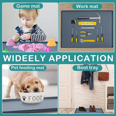Various uses of Under Sink Mat Silicone Waterproof 31x22 Inches for kitchen, game, work, pet feeding, and as a boot tray.
