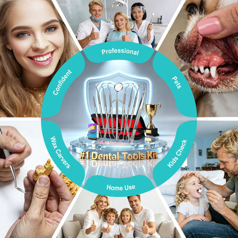 10 In 1 At Home Dental Tools Set For Pro Grade Deep Plaque And Tartar Removal With various uses and benefits depicted.