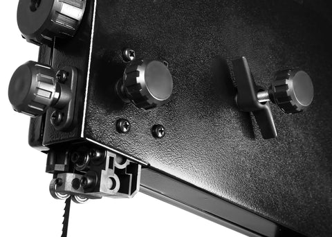 Close-up view of the Beast 9-Inch Benchtop Band Saw With 2.8 Amp Motor showing adjustment knobs and blade mechanism.