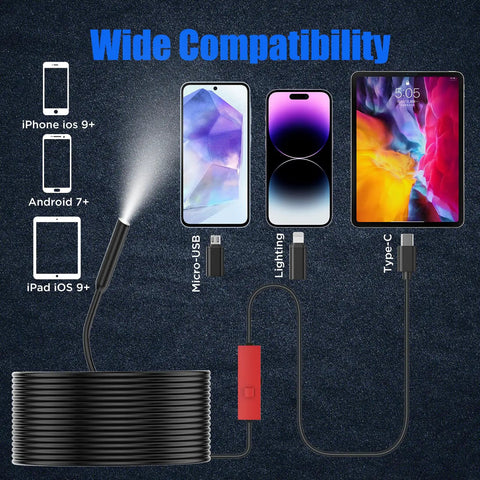 HD Endoscope Camera With Light For Android And iOS, 1920P Borescope With 8 Adjustable LEDs, Semi Rigid Inspection Scope, IP68 Waterproof Drain Camera, 16.4Ft Cable, Ideal For Pipes, Engines, And Tight Spaces, with USB-C and Lightning adapters