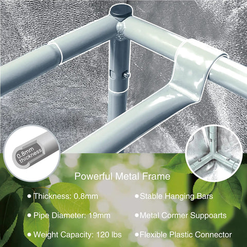 Detailed view of the 19mm metal frame from the 48x48x80 Grow Tent Kit with a 600D Mylar interior and observation windows.