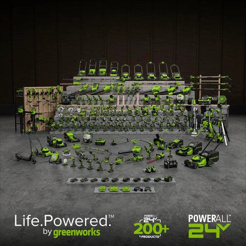 Tackle Stubborn Weeds Fast With This Heavy Duty 24V Brushless String Trimmer And 270 Cfm Electric Leaf Blower Combo Plus Reliable 20 Ah Battery Pack For Epic Yard Hustle displayed among various greenworks yard tools and accessories.