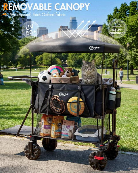 Double Deck Folding Wagon With Canopy And 400L All Terrain Large Capacity Heavy Duty Cart 450 Pound Load Brakes, holding items in park