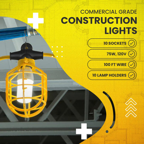 Heavy Duty 100 Foot Construction String Lights With Caged Work Light Sockets Portable Indoor Outdoor Temporary Lighting