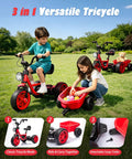 12V Kids Ride On Electric Tricycle With Stable Triangular Frame And Low Center Of Gravity, Adjustable Seat, Wide EVA Wheels, LED Headlight, Removable Storage Basket, Safe Easy Grip Pedals For Young Riders; red 3-in-1 mode in park