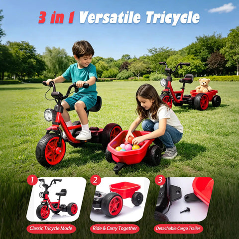 12V Kids Ride On Electric Tricycle With Stable Triangular Frame And Low Center Of Gravity, Adjustable Seat, Wide EVA Wheels, LED Headlight, Removable Storage Basket, Safe Easy Grip Pedals For Young Riders; red 3-in-1 mode in park