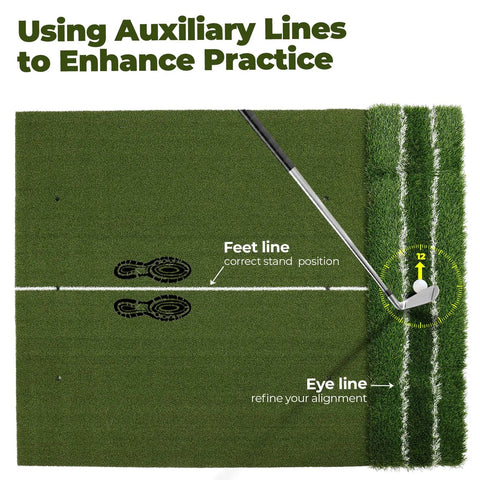 Real Feel Golf Hitting Mat Pro Grade With Large Double Turf for Indoor and Outdoor Practice showing sight line and angle guide.