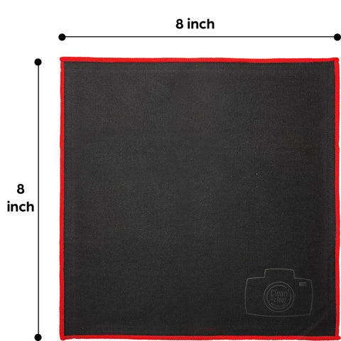 Black 8x8 inch microfiber cleaning cloth with red edge for glasses lenses and screens, part of an Extra Large Microfiber Cleaning Cloths 8 Pack.