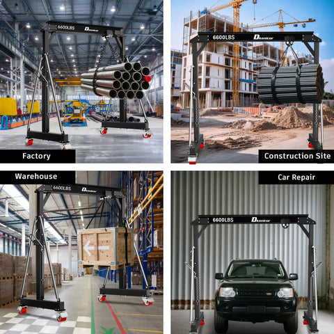 Heavy Duty Gantry Crane 6600 Lbs Capacity With Adjustable Height 8.53 To 12.47 Feet Steel I Beam Construction Portable Shop Hoist