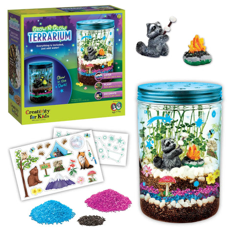 Grow N Glow Terrarium Kit For Kids, Educational Science Kit with jar, decor, and animal figurines for STEM projects, spring crafts.