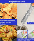 Amazon 24-in-1 mandoline slicer with waffle blade; collage shows potato chips, pasta, and blade under running water