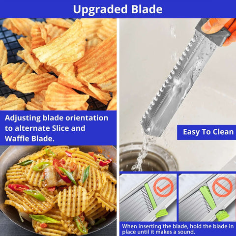 Amazon 24-in-1 mandoline slicer with waffle blade; collage shows potato chips, pasta, and blade under running water