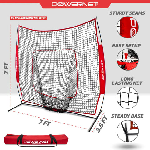 7 By 7 Foot Baseball And Softball Practice Net For Backyard Batting And Pitching Portable Red Bow Frame Net With Ground Stakes