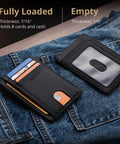Ultra Slim Front Pocket RFID Blocking Leather Wallet For Men And Women In Carbon Fiber Black showing loaded and empty views on jeans