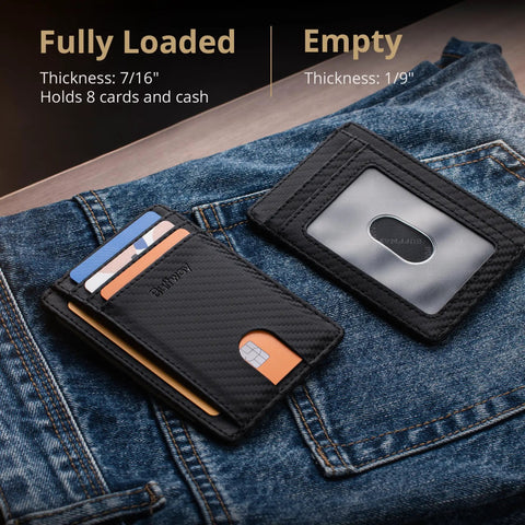 Ultra Slim Front Pocket RFID Blocking Leather Wallet For Men And Women In Carbon Fiber Black showing loaded and empty views on jeans