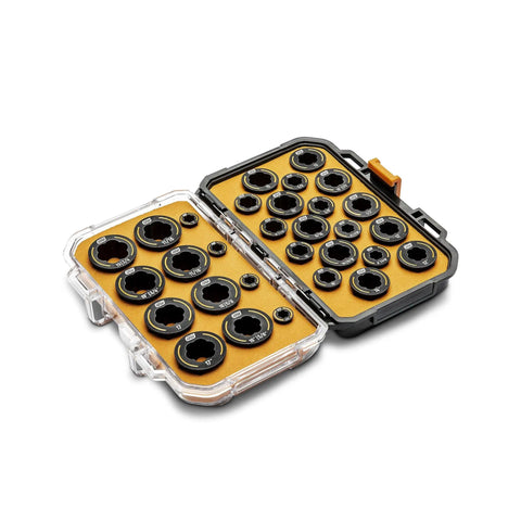 Bolt Biter Wrench Insert Set, 30-Piece SAE and Metric Kit for Damaged Fasteners in open case, showing ultra thin profile inserts