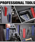 Super Magnetic Wrench Organizer Two Pack Holds Twelve Heavy Ratchets Each For Twenty Four Total Tools Fits Sae And Metric Stubby Styles mounted on a garage wall and drawer.
