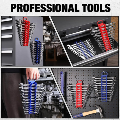 Super Magnetic Wrench Organizer Two Pack Holds Twelve Heavy Ratchets Each For Twenty Four Total Tools Fits Sae And Metric Stubby Styles mounted on a garage wall and drawer.