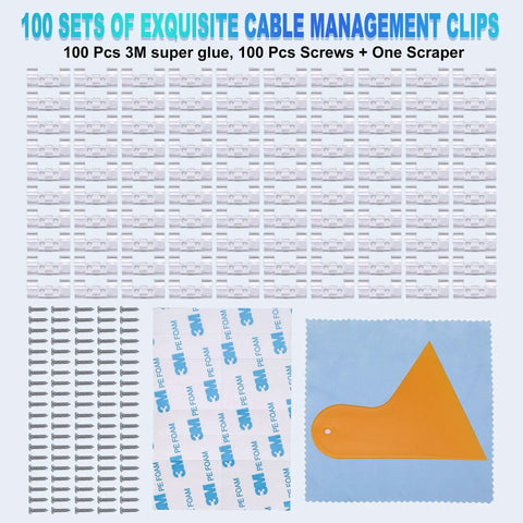 Adhesive Cable Clips Pack Of 100, Multipurpose Wire Holders For Cars, Office And Home, 3M adhesive, screws, scraper included