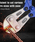 Close-up of 14 Inch Heavy Duty Bolt Cutter Built Tough With Ergonomic Anti Slip Handles For Cutting Locks Chains Wires And Chain Link Fences Made From T8A Steel For High Hardness And Long Lasting Performance cutting wire with sparks.