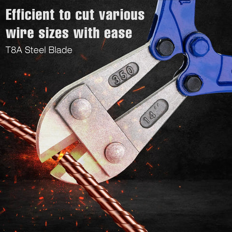 Close-up of 14 Inch Heavy Duty Bolt Cutter Built Tough With Ergonomic Anti Slip Handles For Cutting Locks Chains Wires And Chain Link Fences Made From T8A Steel For High Hardness And Long Lasting Performance cutting wire with sparks.