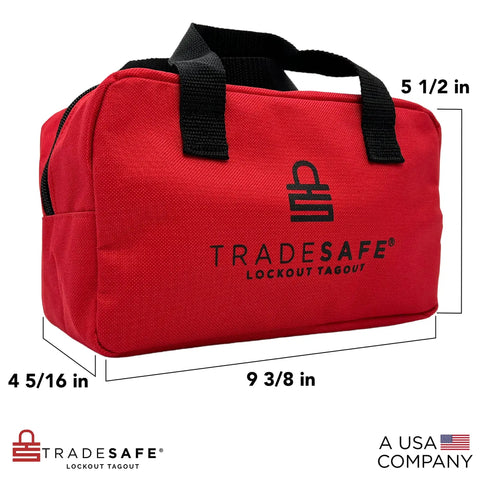 Heavy Duty Lockout Tagout Bag for LOTO Devices, red industrial grade polyester canvas carry case with strong handles