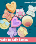 Colorful bath bombs in heart, butterfly, flower, emoji shapes from Soap And Bath Bomb Making Kit For Kids 3 In 1 Spa Science Lab Craft Set.