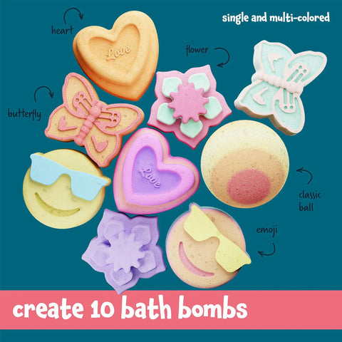 Colorful bath bombs in heart, butterfly, flower, emoji shapes from Soap And Bath Bomb Making Kit For Kids 3 In 1 Spa Science Lab Craft Set.