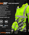 Hi Vis Rain Jacket For Men With Waterproof Shell And Mesh Lining, Drawcord Hood And Hem, Class 3 Type R, ANSI ISEA 107-2015, Yellow, X Large, front and side view with safety certifications