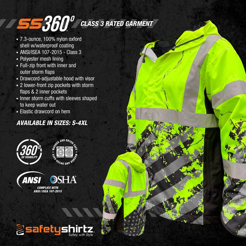 Hi Vis Rain Jacket For Men With Waterproof Shell And Mesh Lining, Drawcord Hood And Hem, Class 3 Type R, ANSI ISEA 107-2015, Yellow, X Large, front and side view with safety certifications