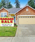 Three Piece Extra Large Garage Sale Sign Kit With Stakes, 24 By 16 Inches, yard sign on lawn by driveway